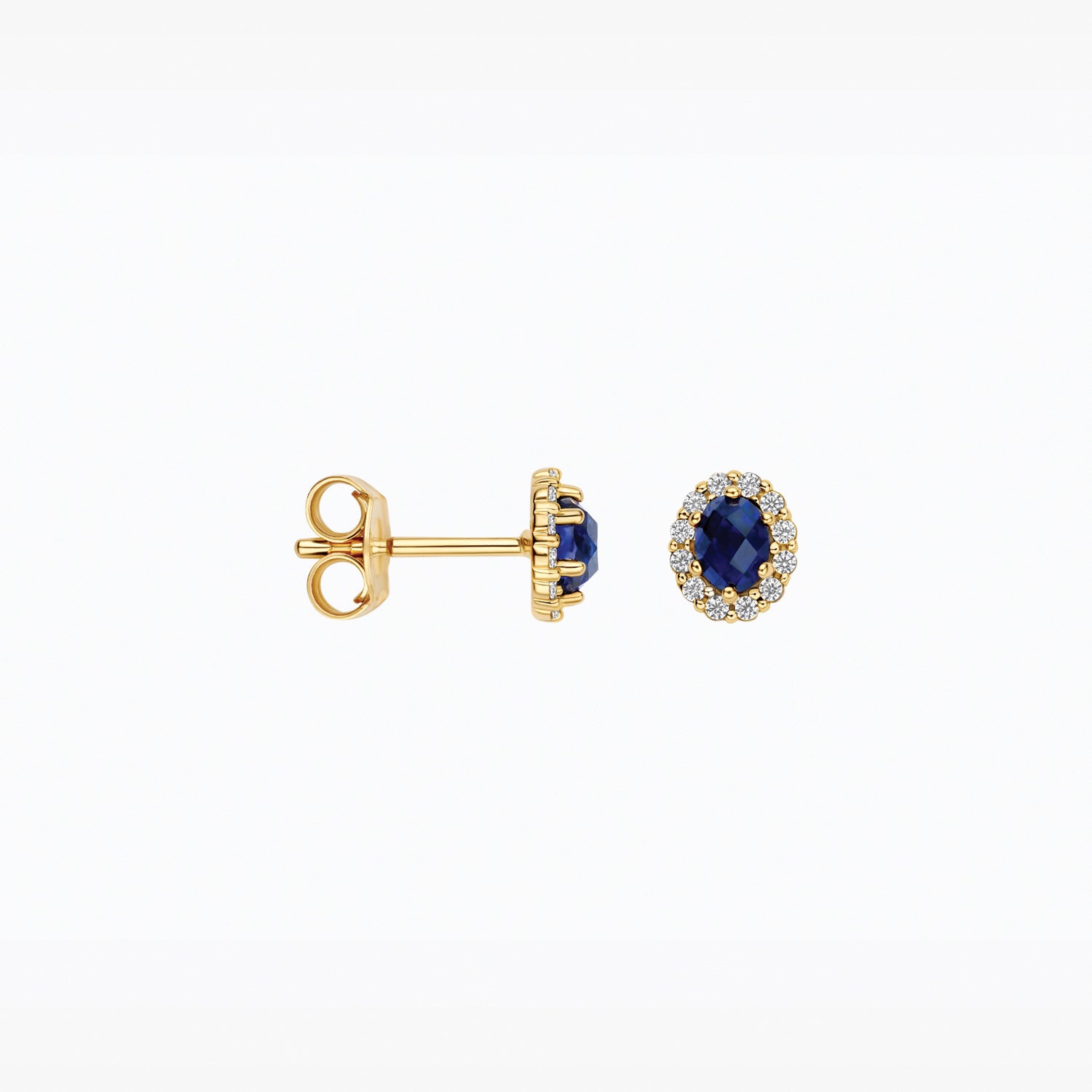 14ct yellow gold stud earrings with lab-grown diamonds, worn on the earlobe.