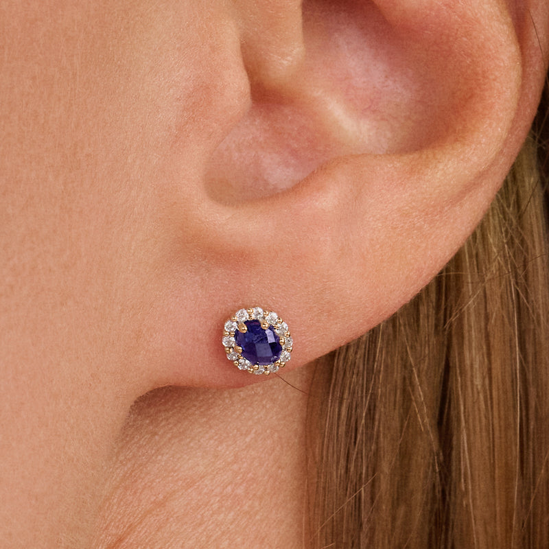 14ct yellow gold stud earrings with lab-grown diamonds, front view.