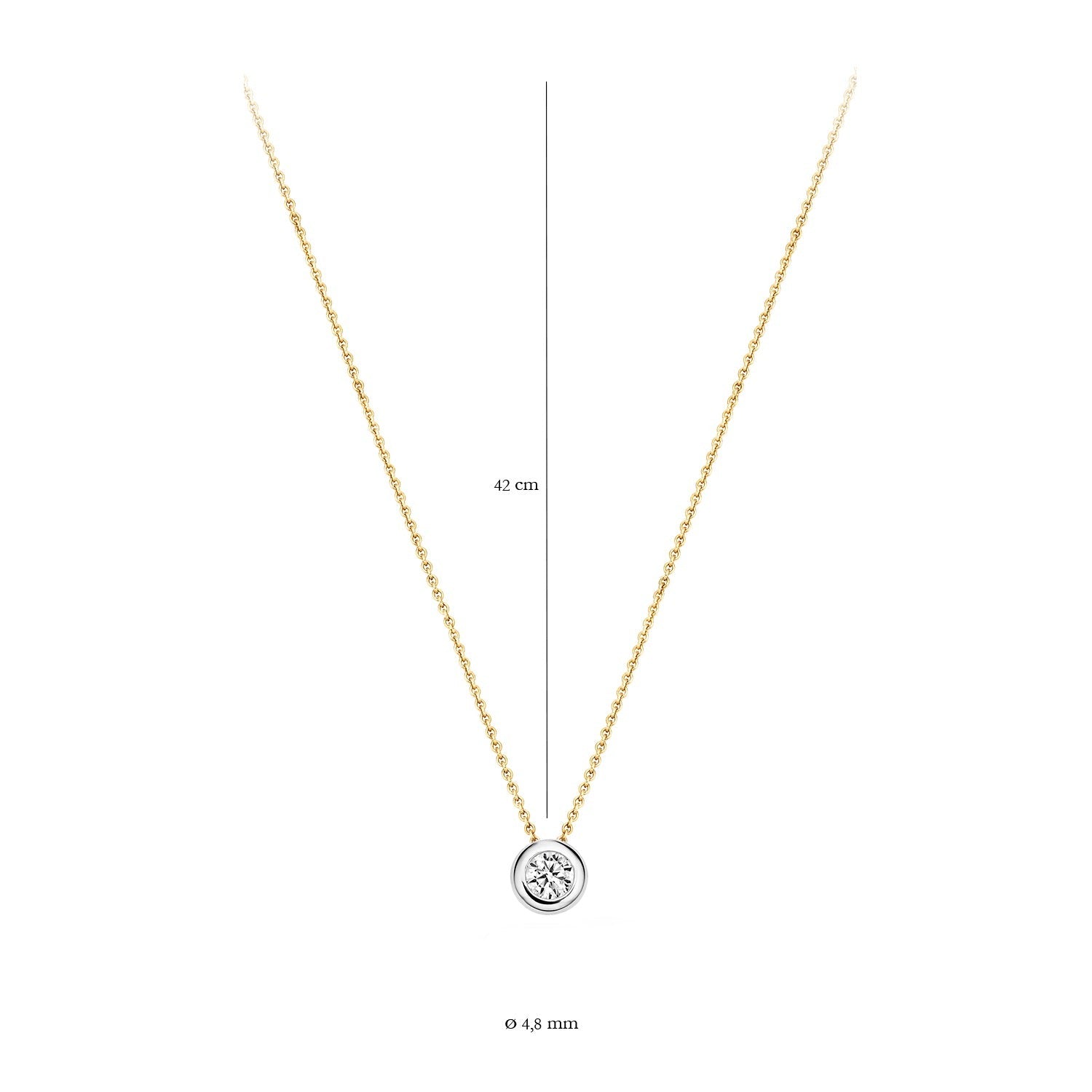 Bicolor ketting in 14k geel en wit goud met ronde zirkonia hanger, 42 cm lang.