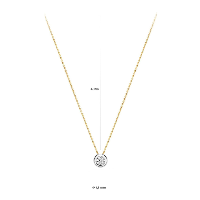 Bicolor ketting in 14k geel en wit goud met ronde zirkonia hanger, 42 cm lang.