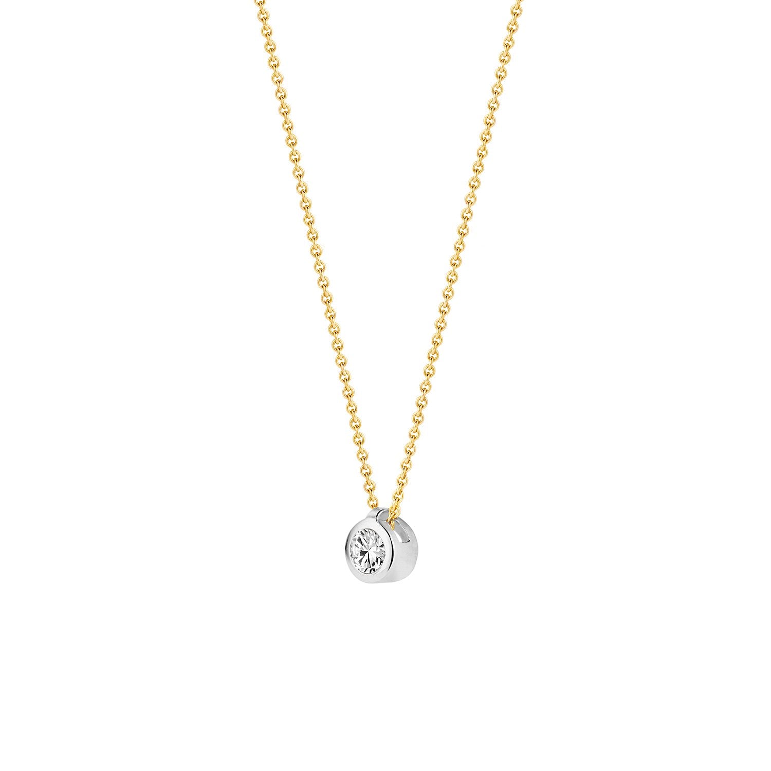 Bicolor ketting met 14k geel goud ketting en 14k wit gouden hanger met zirconia steen.