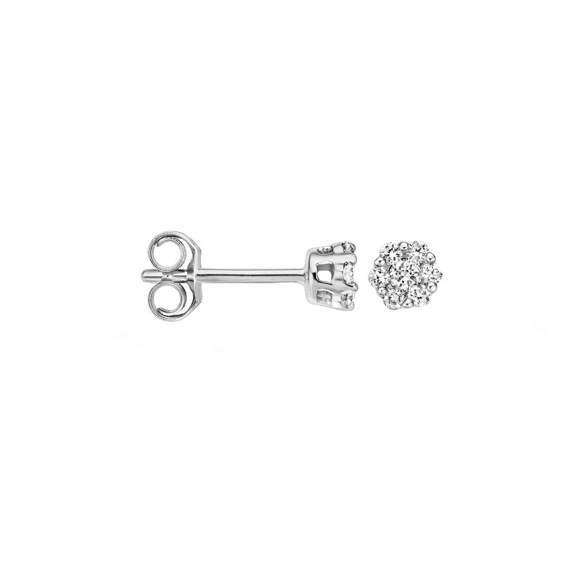 585er Weißgold Ohrstecker mit rundem Diamantcluster und sechseckiger Fassung.
